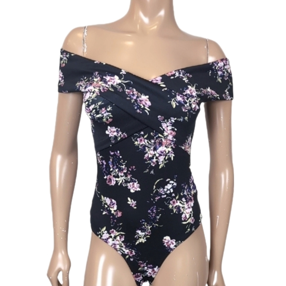 Dynamite Floral Off Shoulder Bodysuit Top Short Sleeve Thong Stretch Scuba